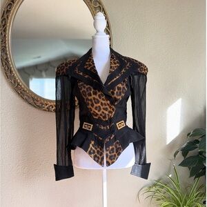 Black and Leopard Peplum Blazer with Sheer Sleeves
